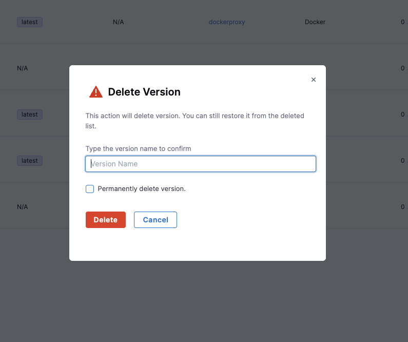Delete confirmation dialog: name field and permanent delete option